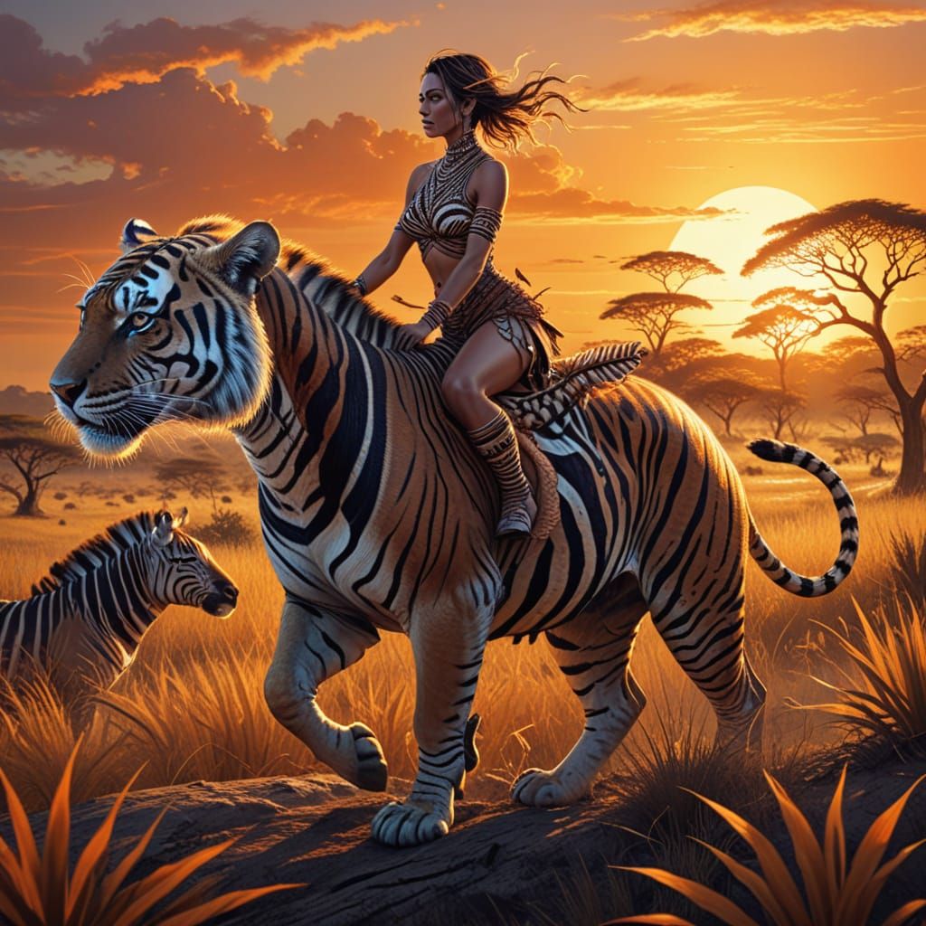 Savannah Sunset: Tiger Woman Rides Zebra