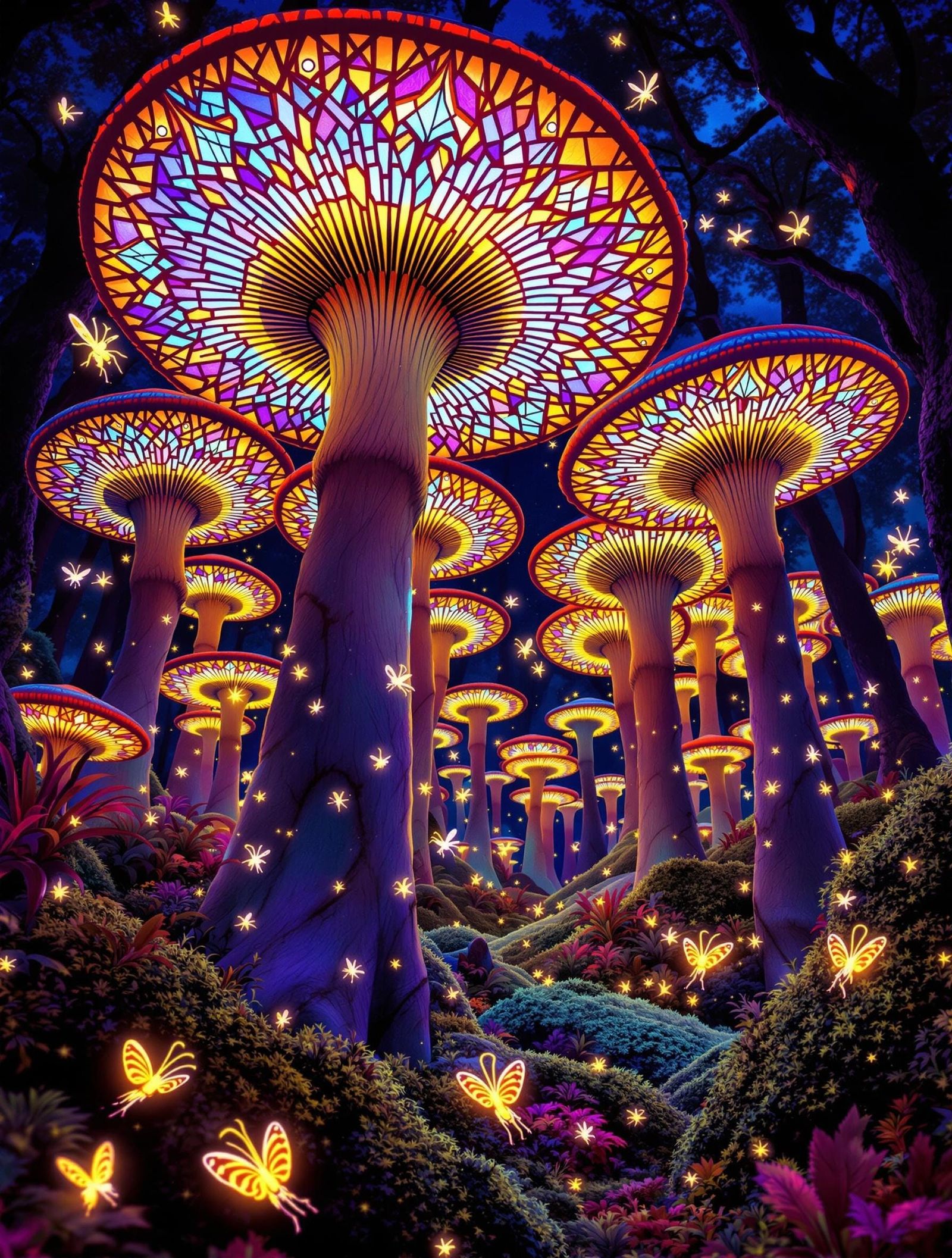 Surreal Bioluminescent Forest Scene in Vibrant Jewel Tones