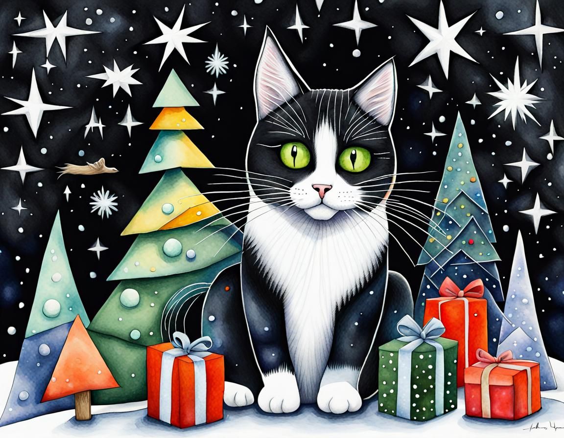 Festive Black and White Cat in Cubist Style