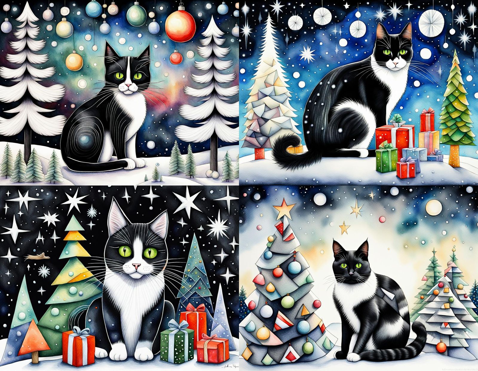 Vibrant Christmas Feline Scene in Cubist Style