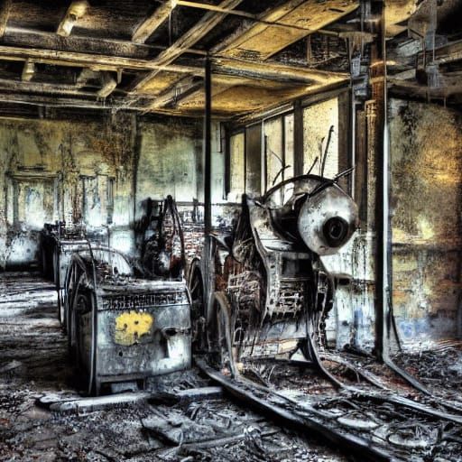 Dystopian Industrial Art Gallery with Rusted Machinery