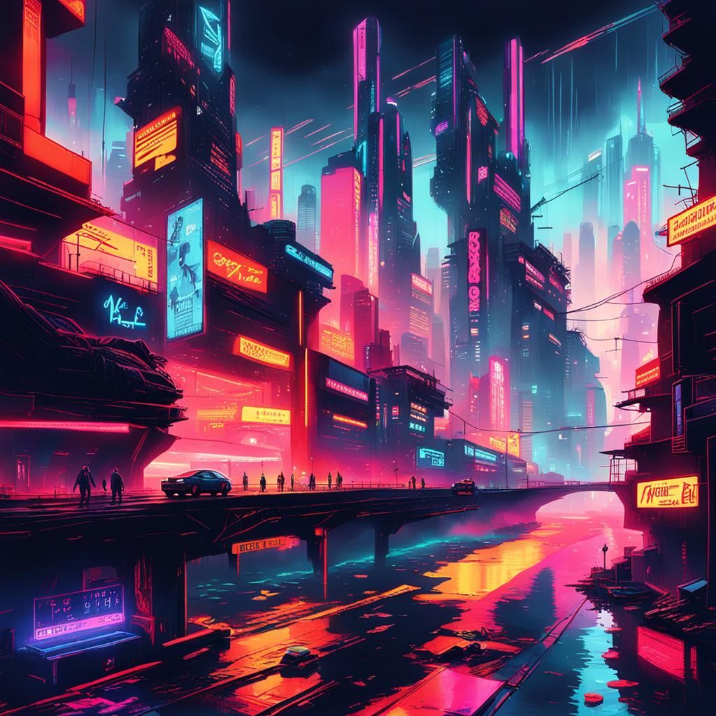 Cyberpunk Cityscape beside River with Neon Lights