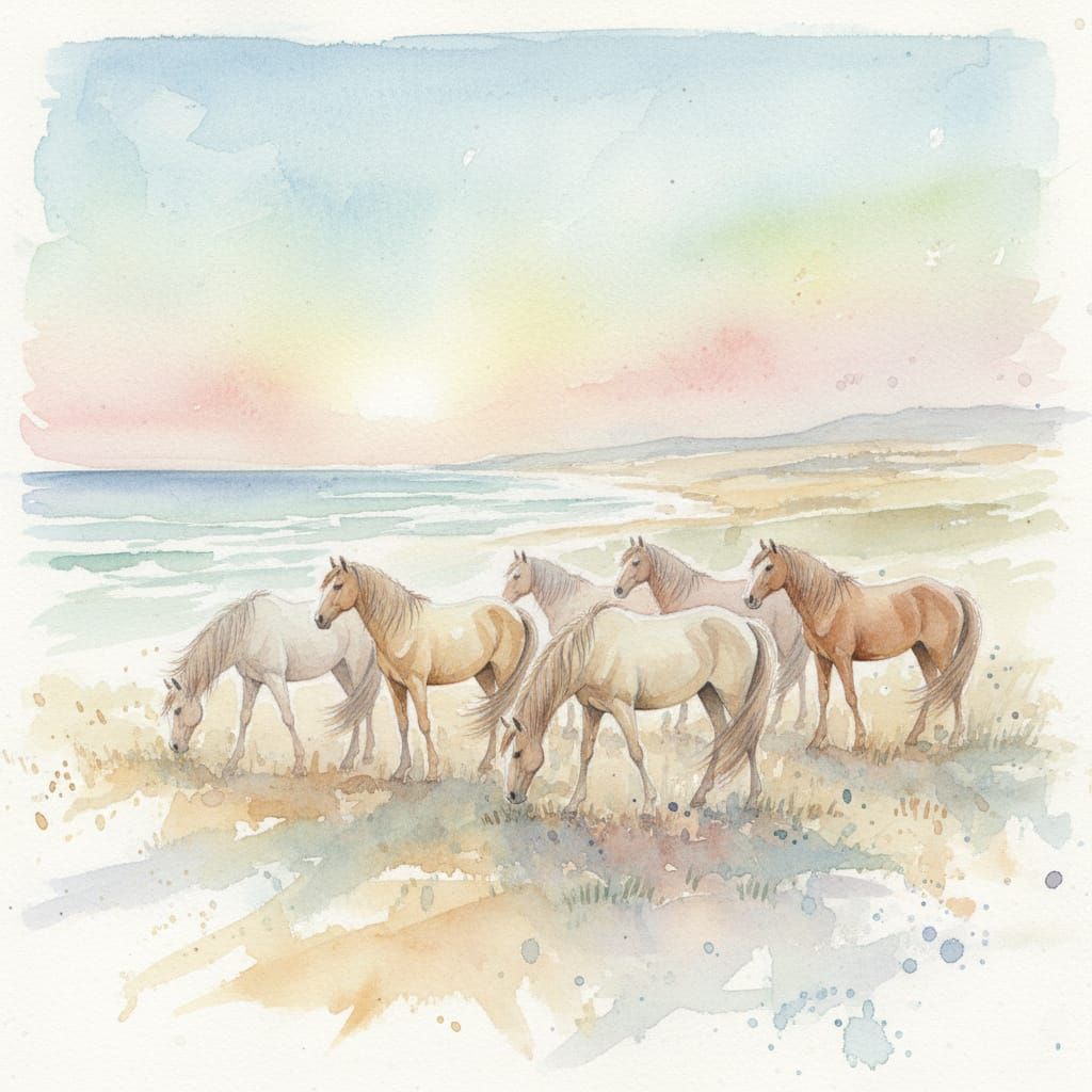 Wild Horses Grazing: Watercolour Landscape Painting