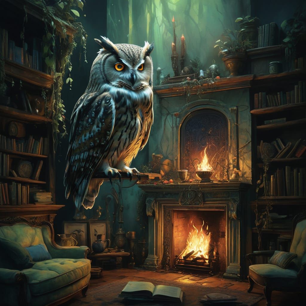 Cozy Watercolor Owl Reads to Fairies