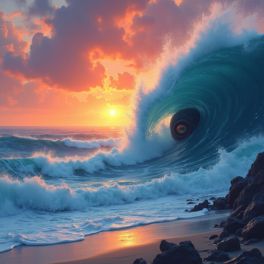 Ocean Sunset with Hidden Creature in Futuristic Style