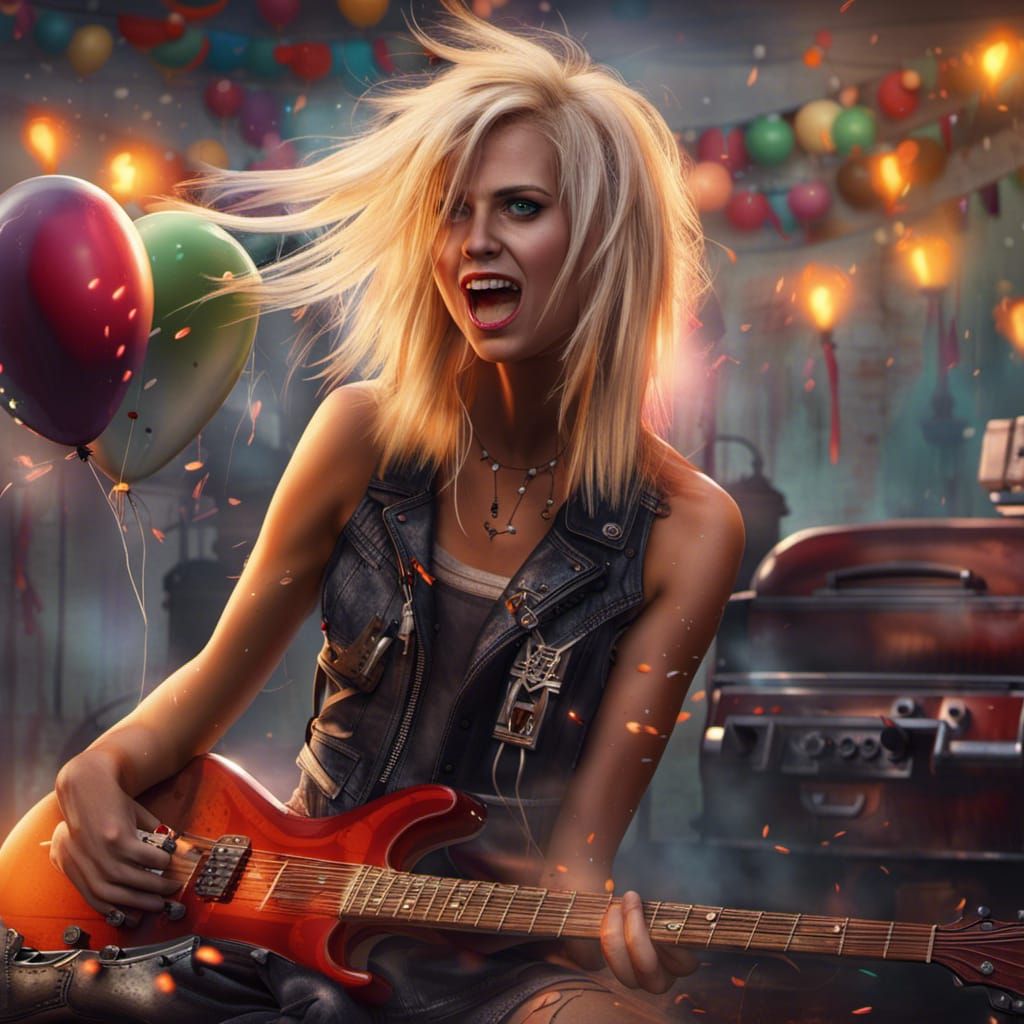 Blonde Rocker Girl Guitar Solo with Balloons