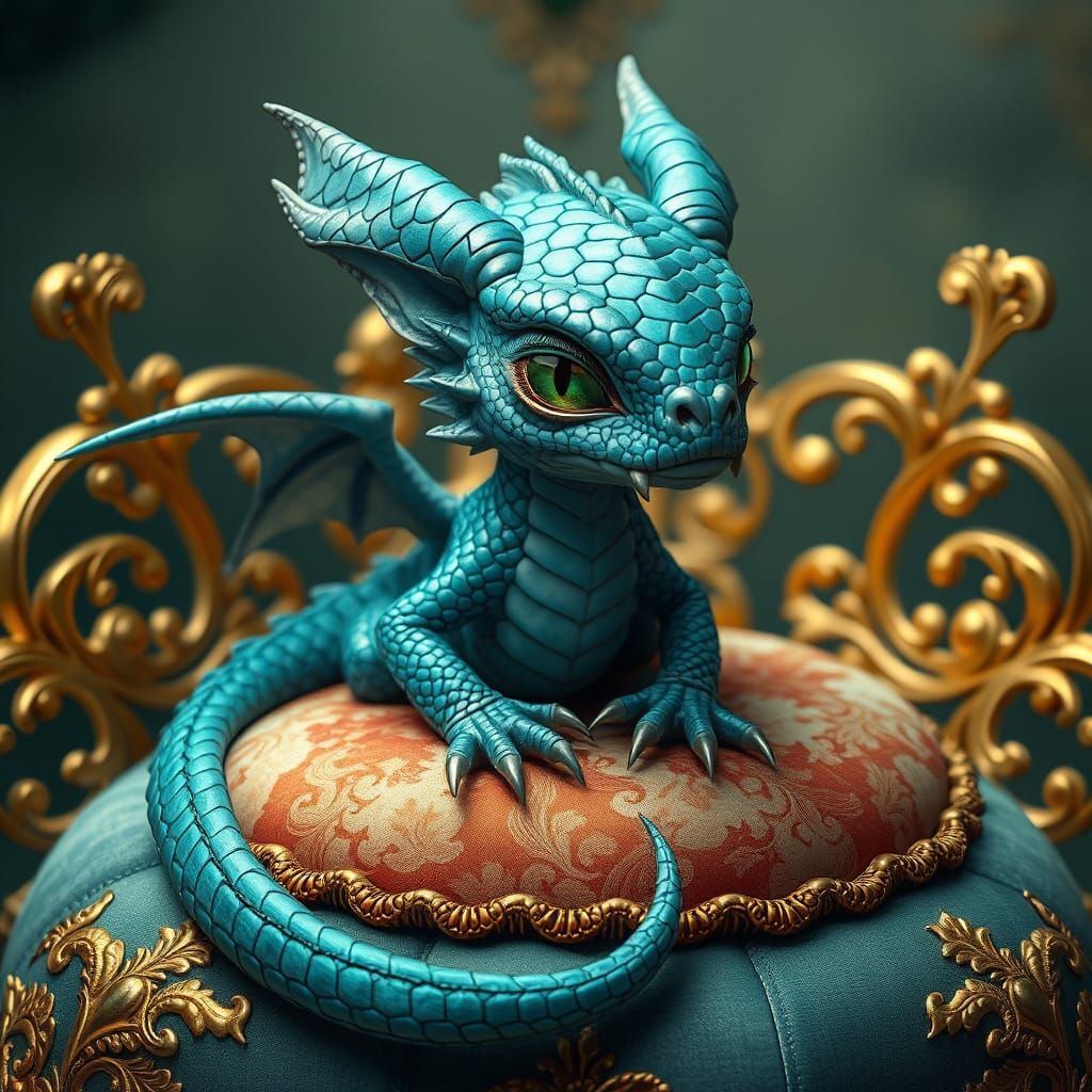Hyperrealistic Portrait of a Turquoise Baby Dragon
