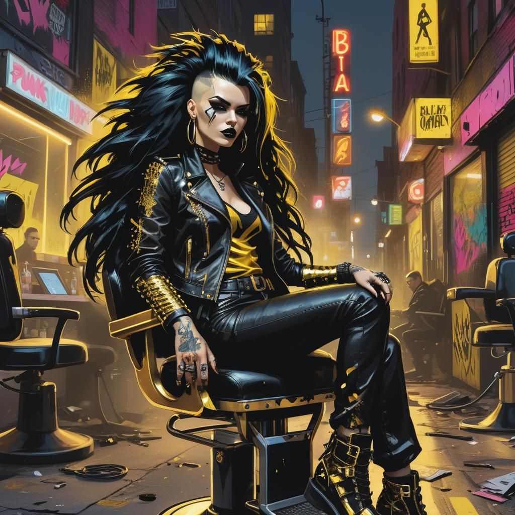 Concept art. Medium shot. Punk rock girl with  black moahwk ...