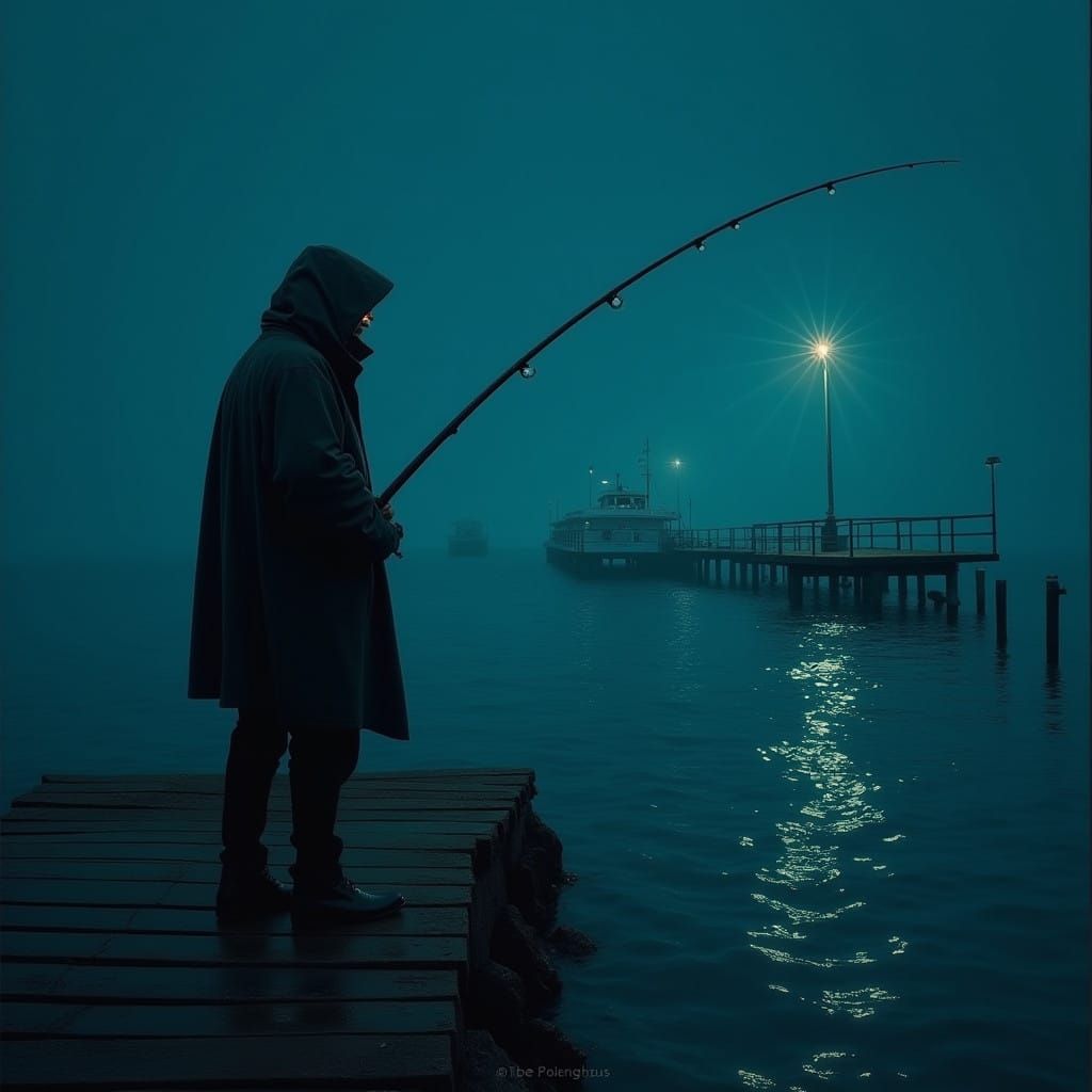 A Lonely Fisherman on a Dark Pier
