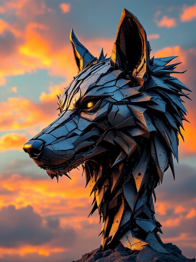 Majestic Wolves Head Sculpture in Weathered Metal with Sunse...