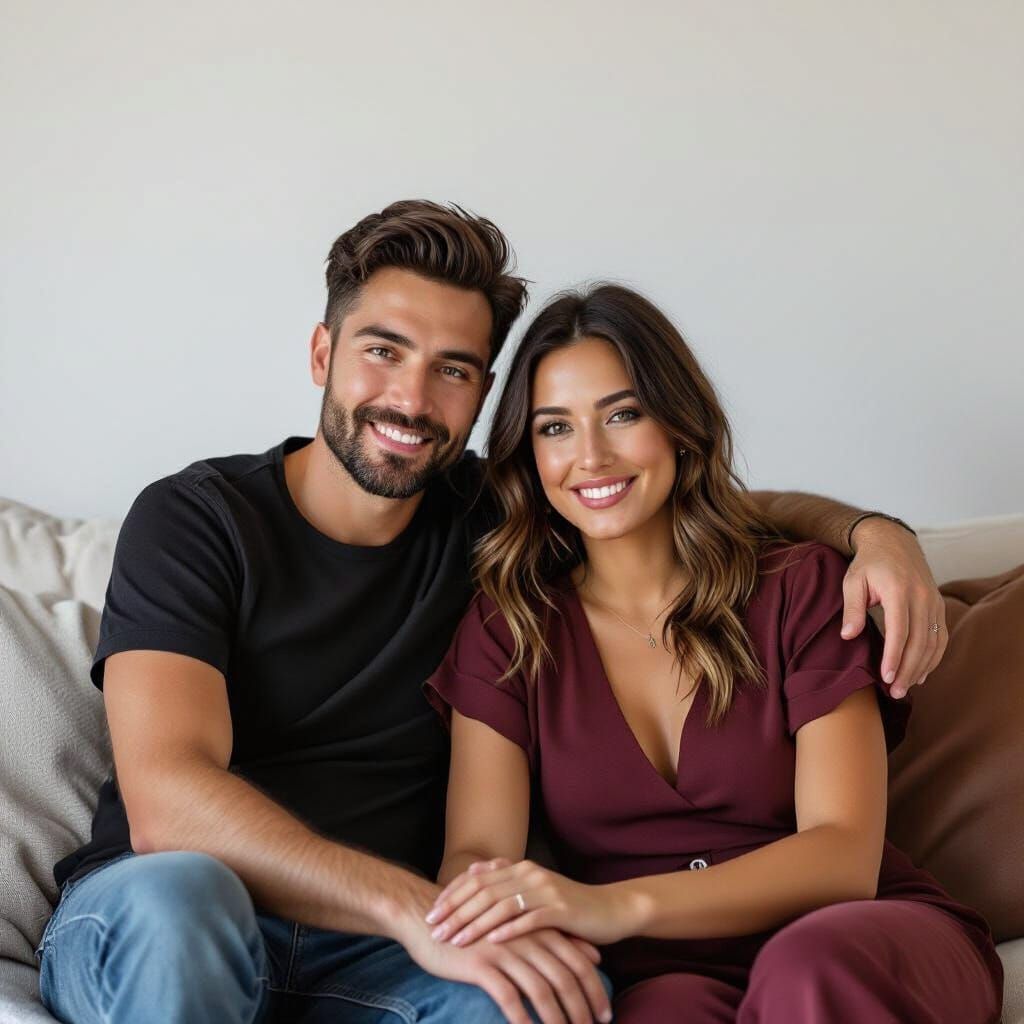 Couple Embracing on Sofa in Hyperrealistic Style