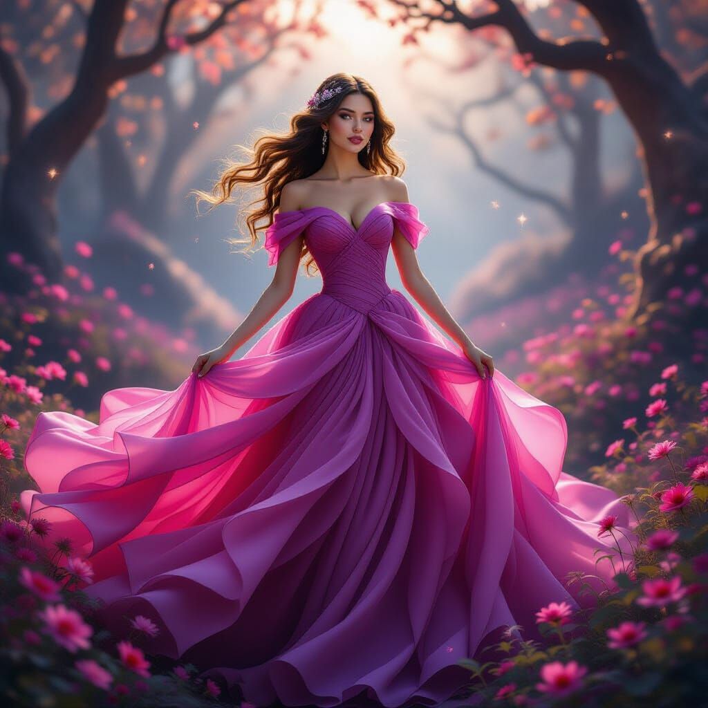 Enchanted Princess Model in Flowing Magenta and Pink Gown