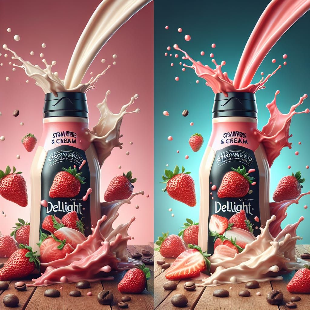 Hyperrealistic Coffee Creamer Bottle with Strawberry Splash