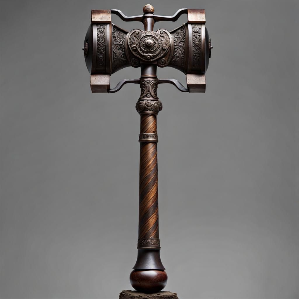 Intricate Two-Handed Iron Hammer with Long Handle