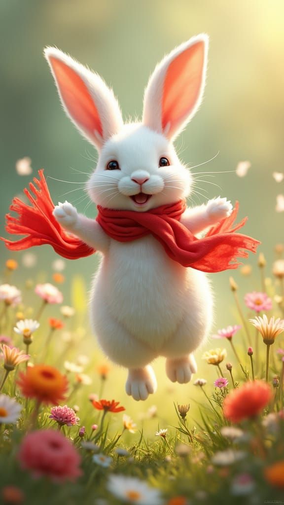 Joyful Rabbit in Wildflower Meadow, Impressionistic Style