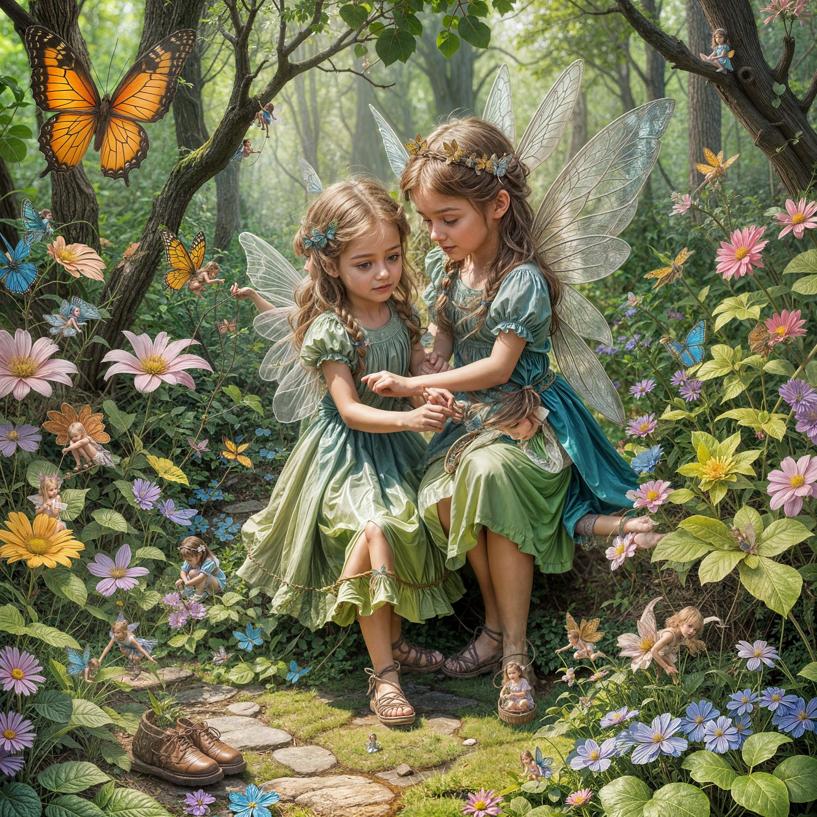 Fairy Teaches Girl to Tie Shoes in Fantasy Land