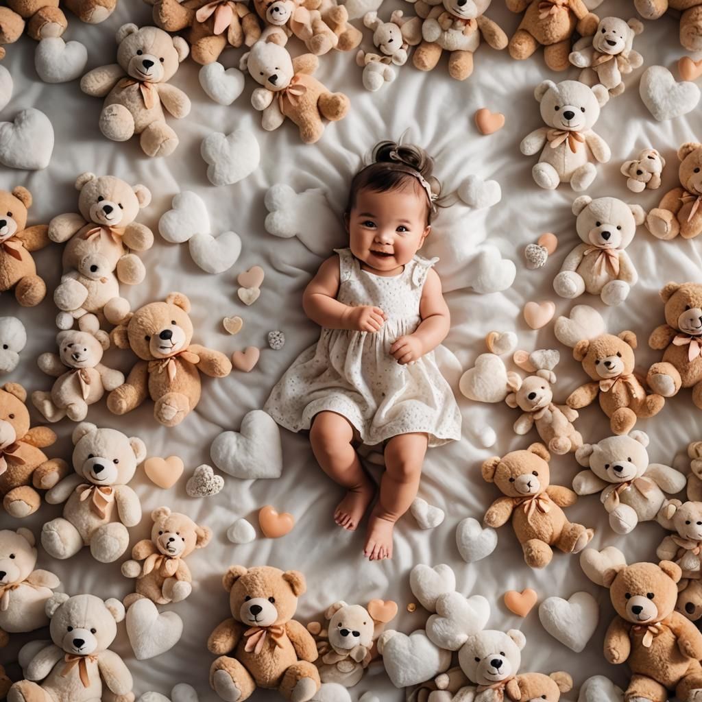 Adorable Baby Girl Playing with Teddy Bears in Sunshine
