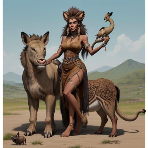 Lamashtu, wearing a brown dress, mythological hybrid, with a hairy body, a lioness' head with donkey's teeth and ears, l...