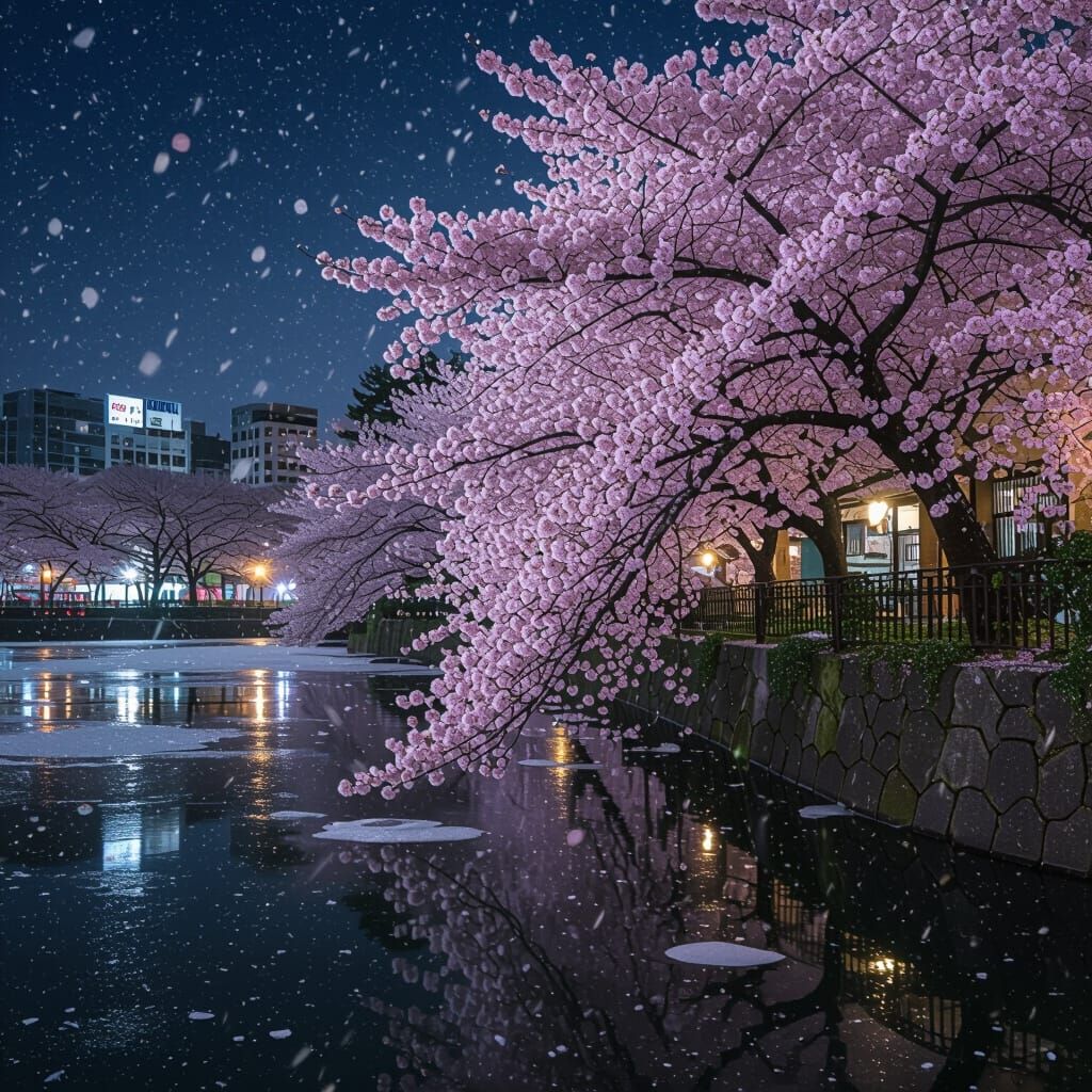 Ink Splash Cherry Blossoms on Cold Spring Night