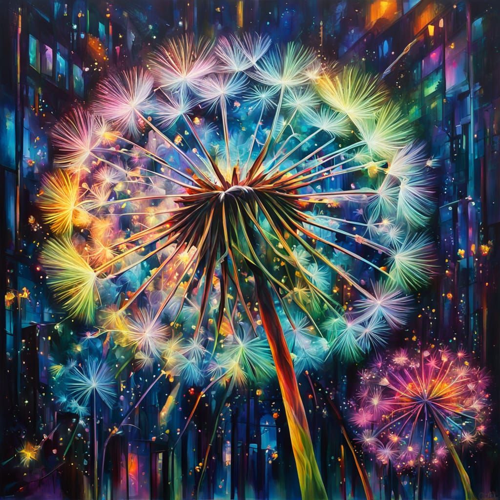 Dandelion in Cyberpunk City as Oil Painting