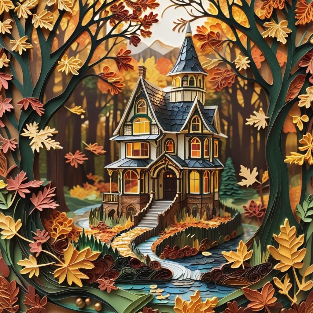 Vibrant Autumn Woods in Photorealistic Quilling Collage Art