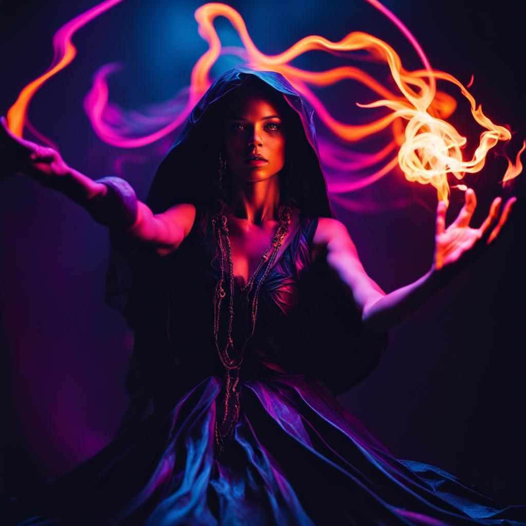 Dark Sorceress Casting Swirling Spell in Synthwave Style