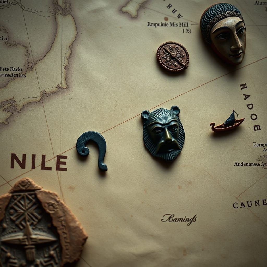 Ancient Map with Archaeological Artifacts in Cinematic Light...