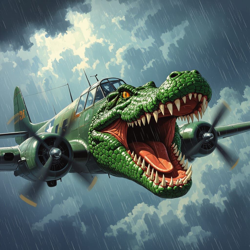 Crocodile Head Bomber Plane in Stormy Sky Pulp Illustration