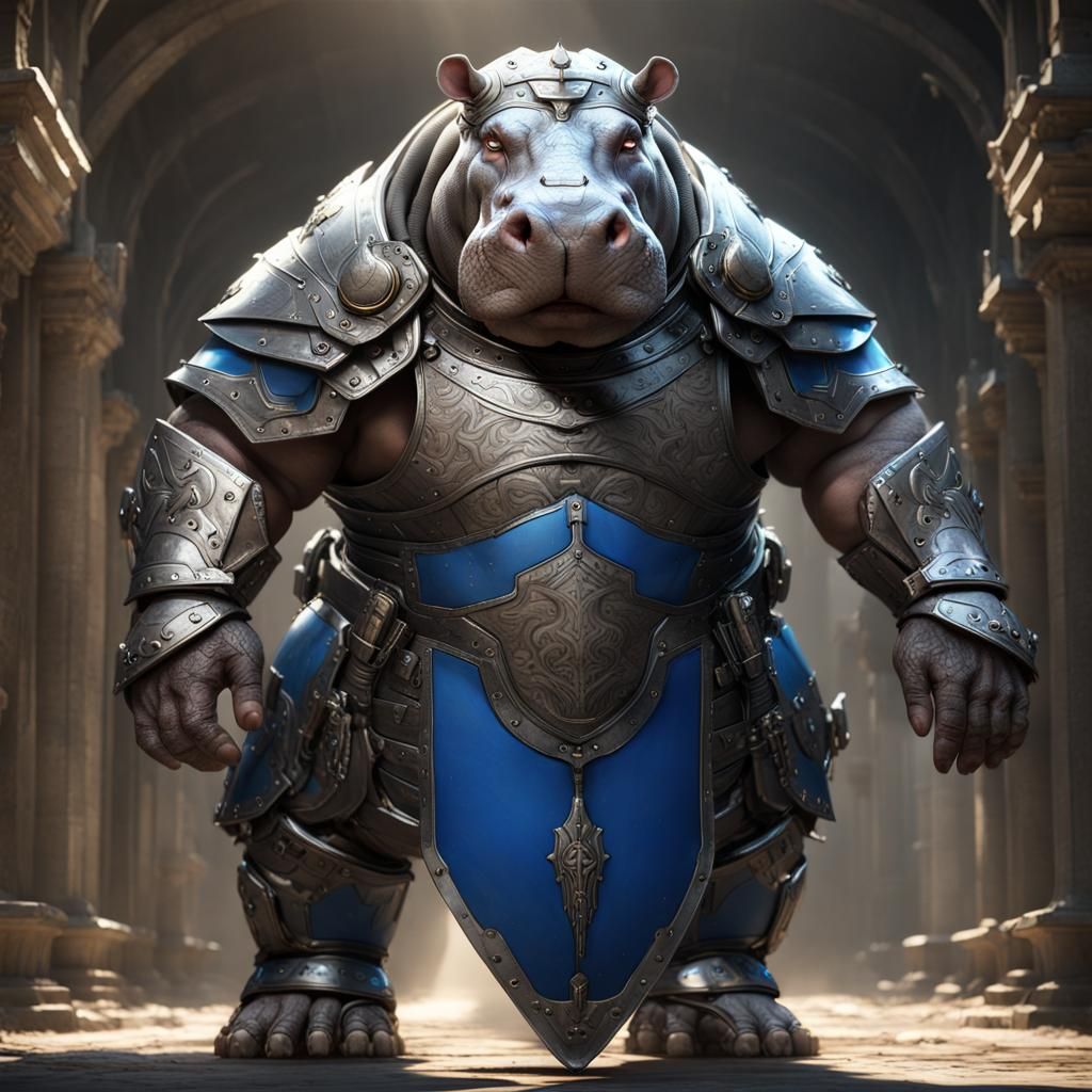 Hippo Paladin in Divine Armor, Dark Fantasy Art