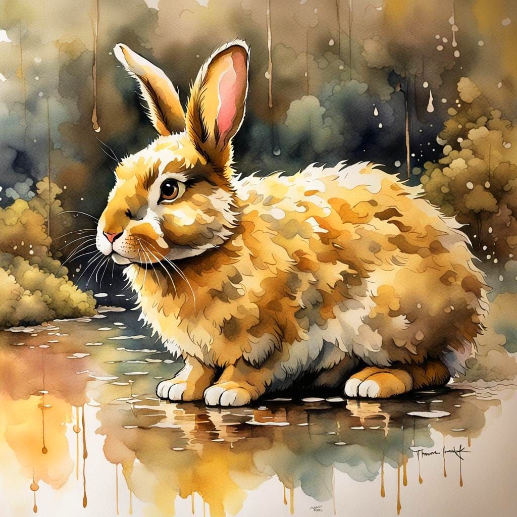 Warm Golden Light Bunny in a Whimsical Rainy Day Scene