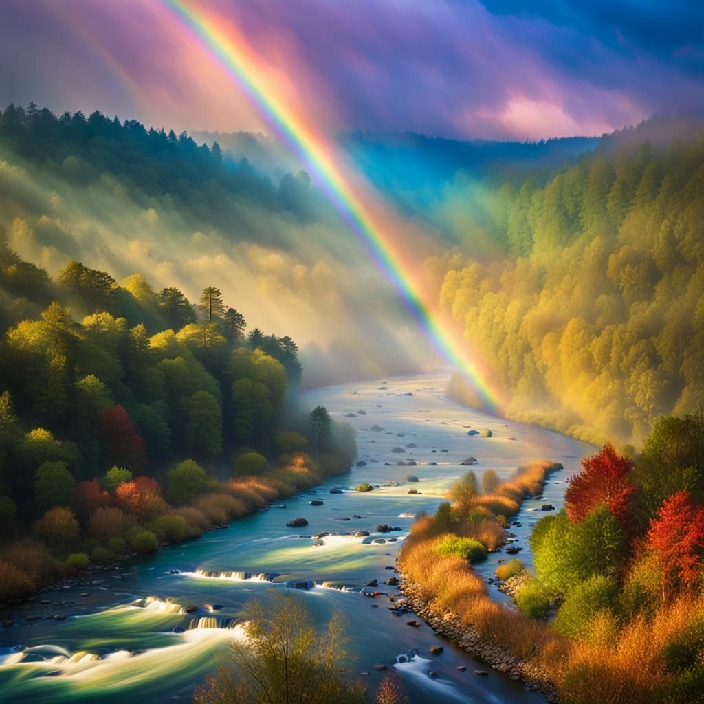Vibrant River Landscape with Rainbow and Bokeh