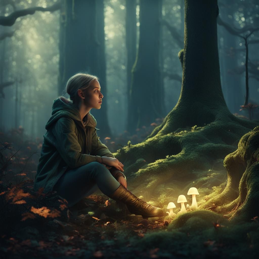 Mystical Forest Contemplation in Cinematic Style