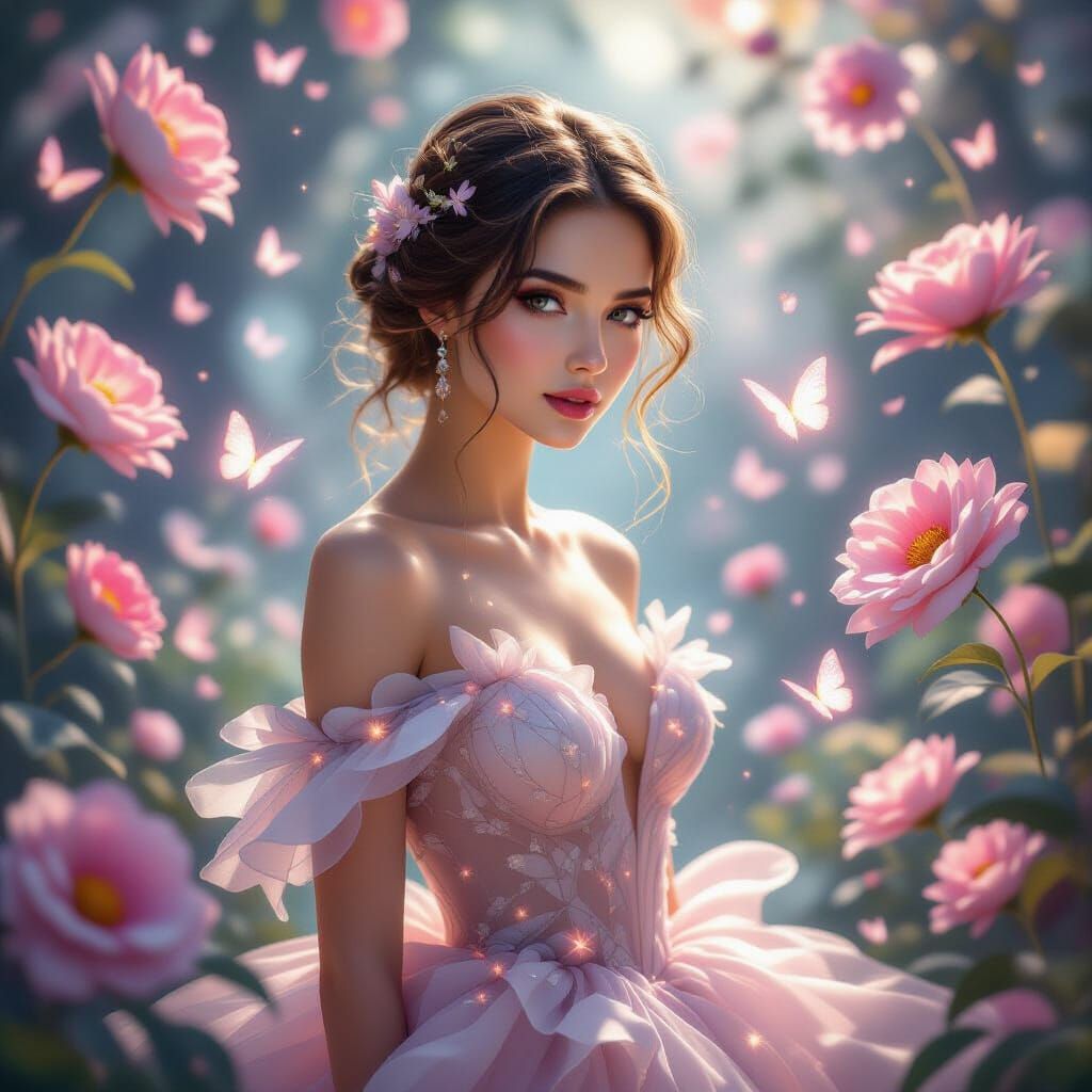 Ethereal Woman in Light Petal Gown Amidst Magical Glow