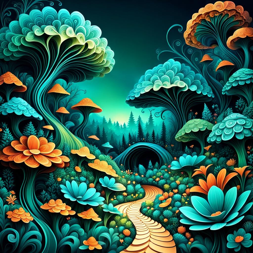 Enchanted Fairytale Garden with Abstract Fractals