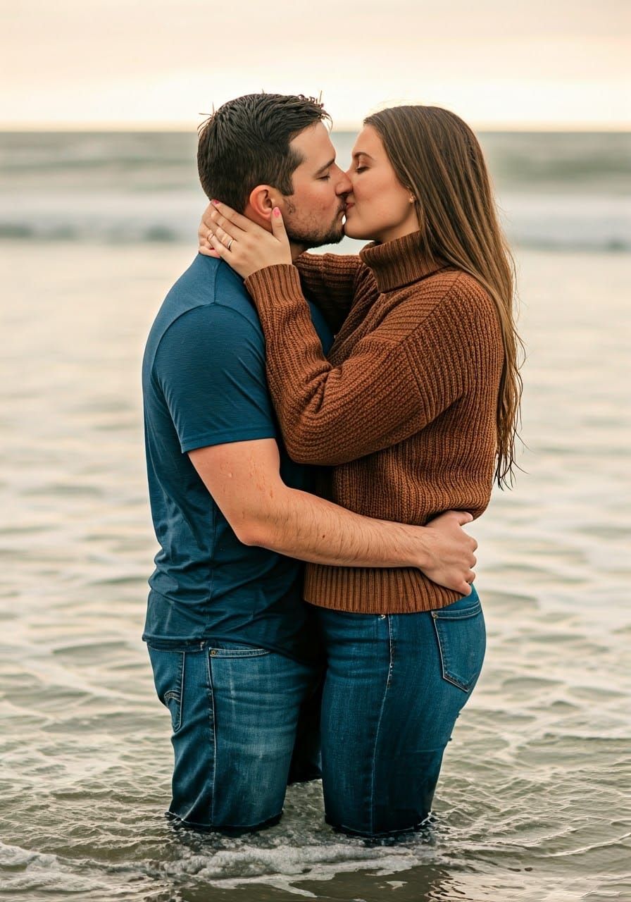 Couple in Love Embracing in the Ocean