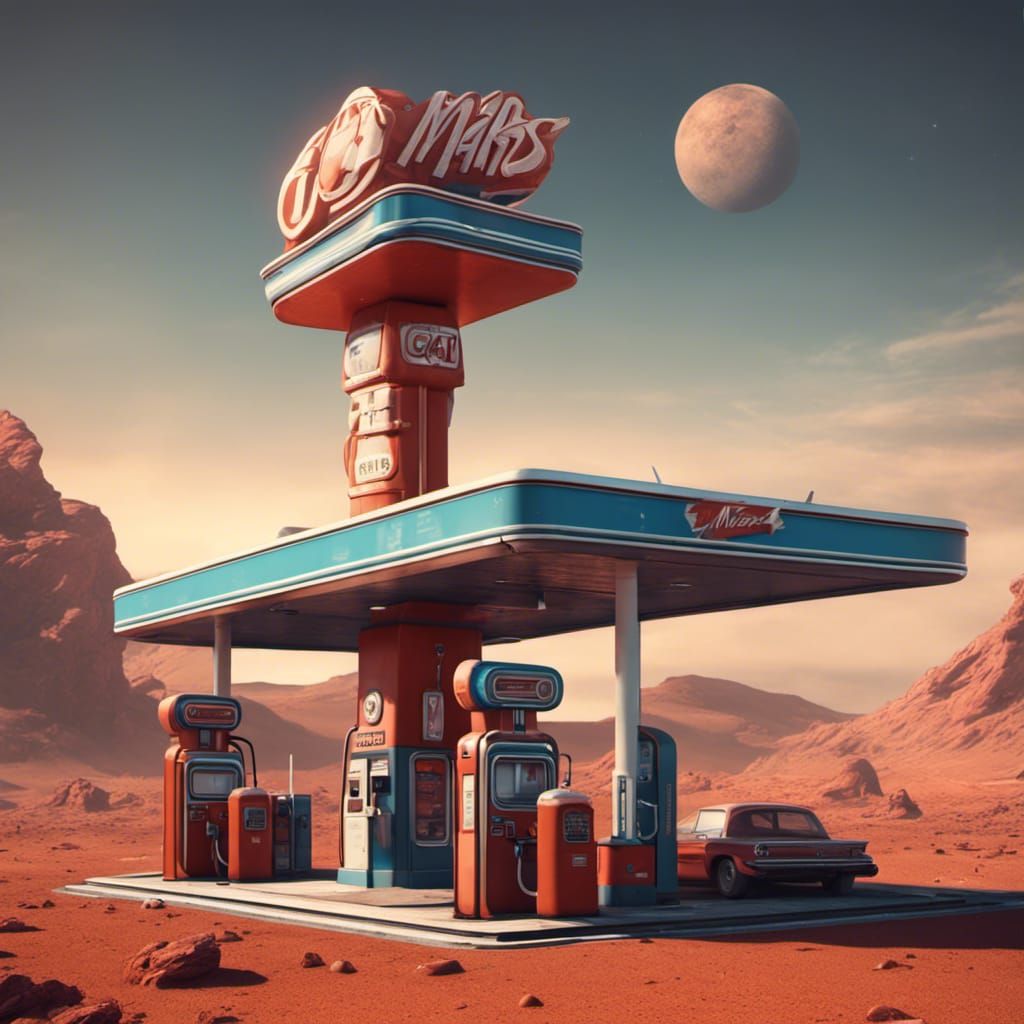 Retro Gas Station on Mars in Detailed Matte Painting
