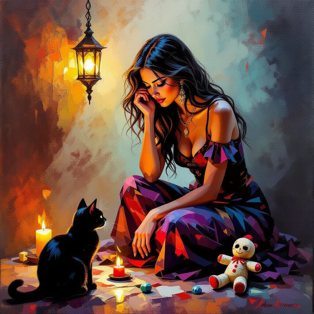 Mystical Woman with Black Cat and Voodoo Doll in Collage Sty...