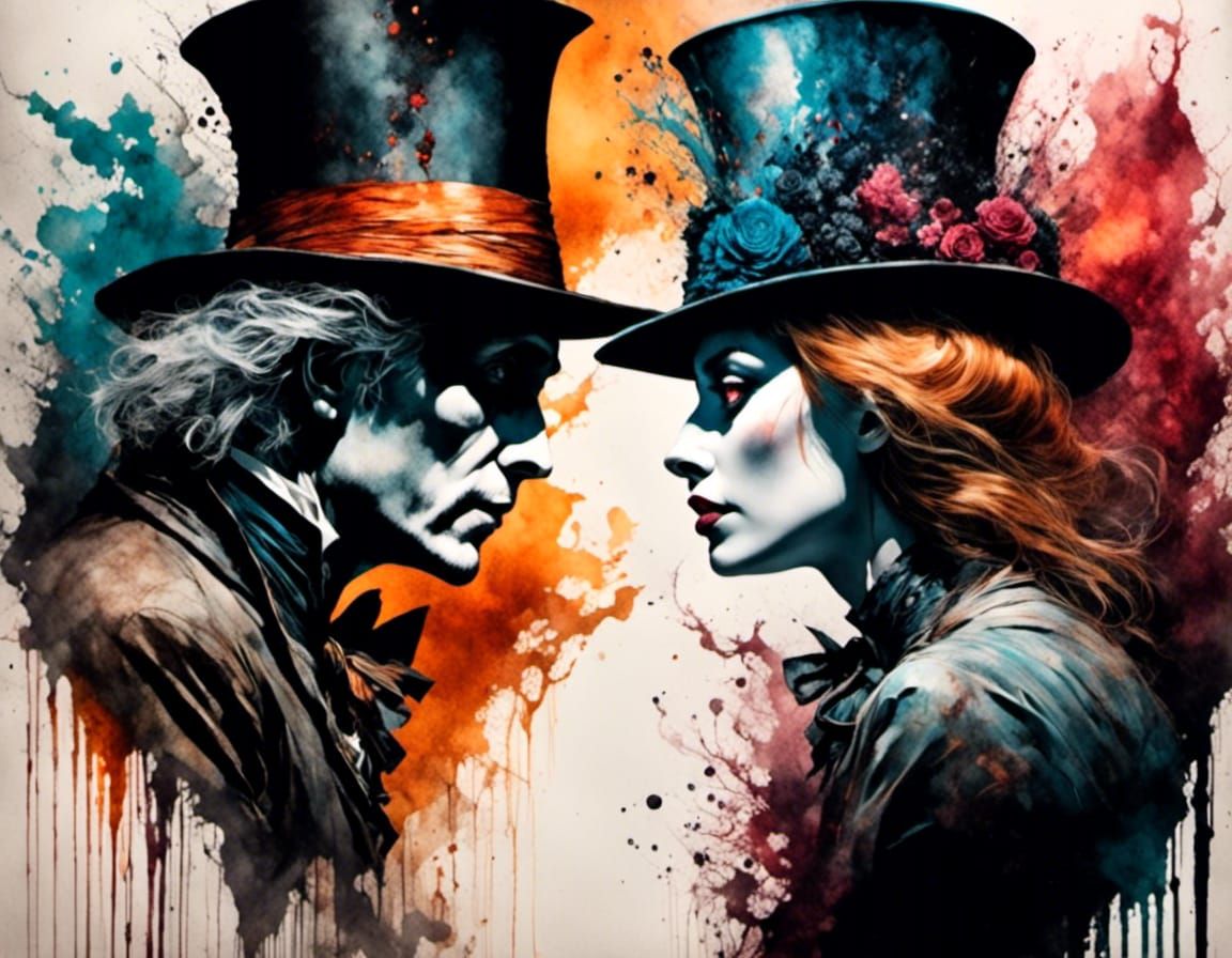 Alice and Mad Hatter Dark Fantasy Staring Contest