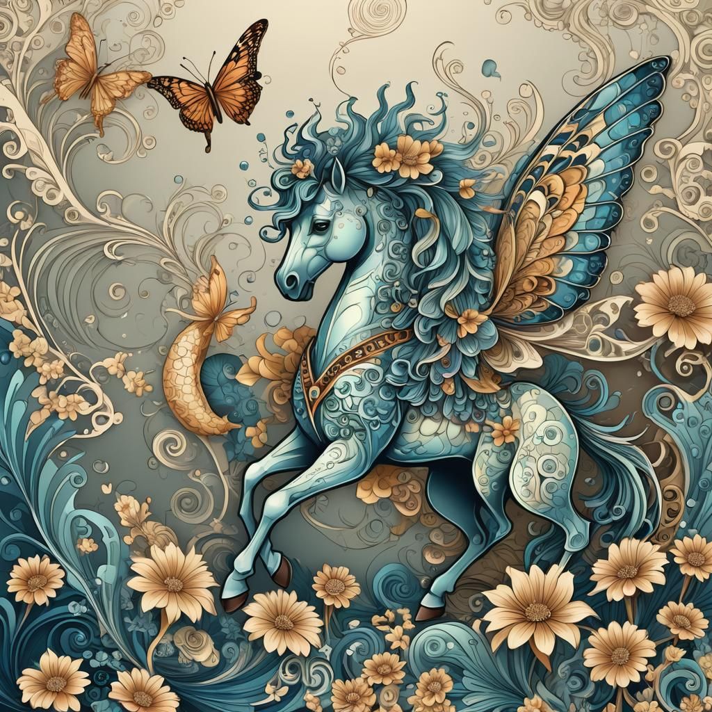 Butterfly, Pegasus, and Seahorse in Abstract Fractal Style