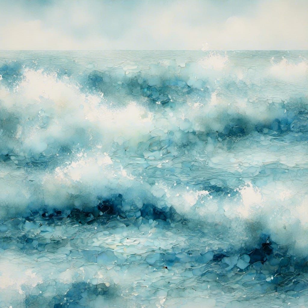 Impressionist Seascape with Blue Waves and Sky
