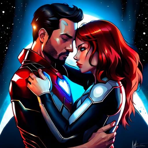 Ironman and Black Widow Embrace in Space