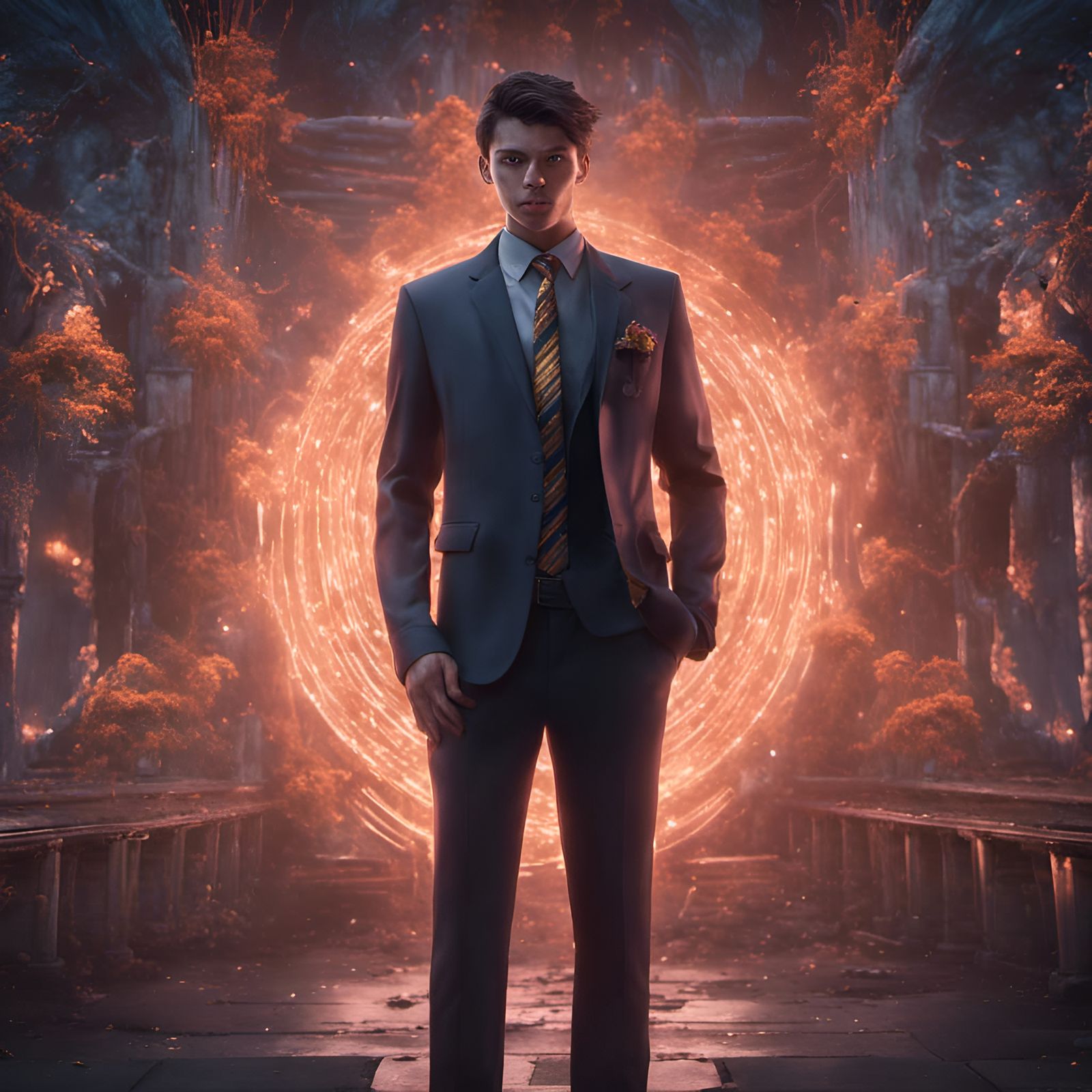 Teen in Suit with Glowing Eyes: Matte Painting