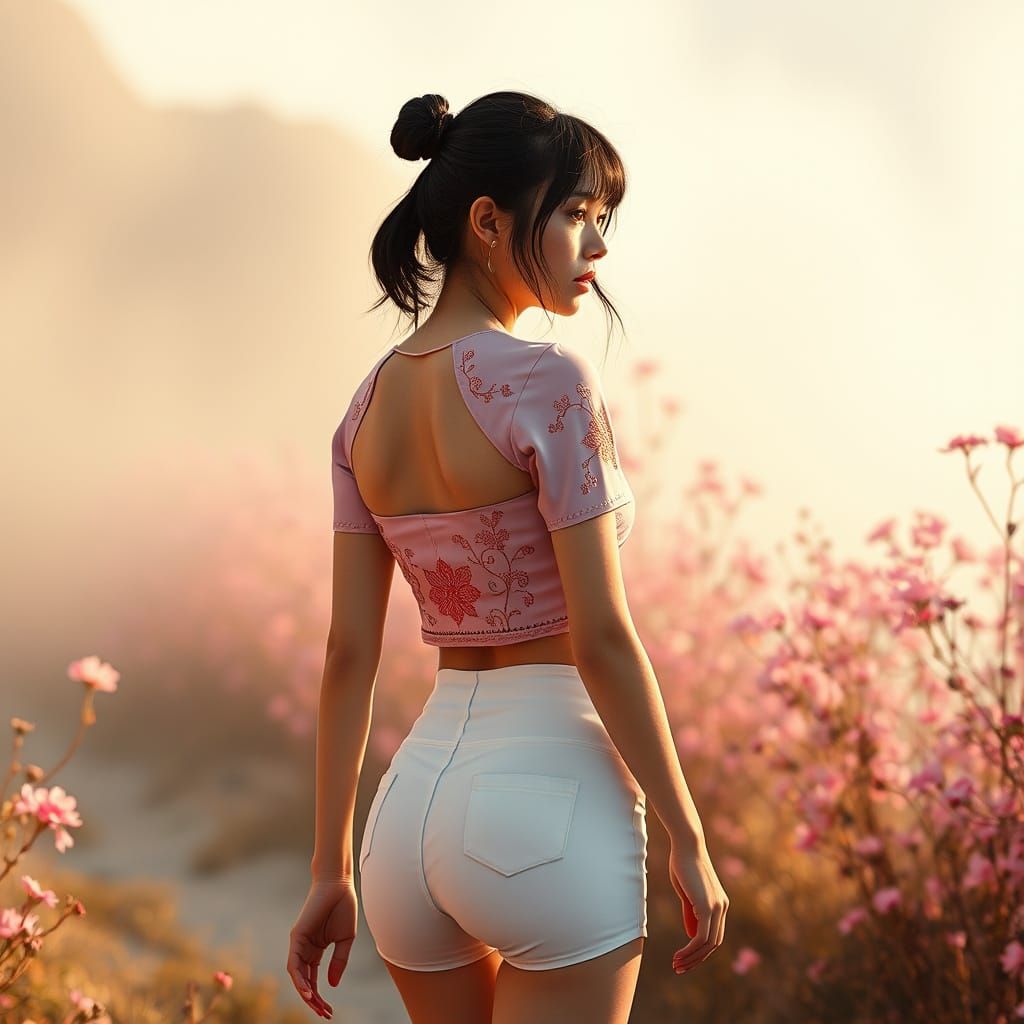 Futuristic Japanese Woman in Metallic Landscape