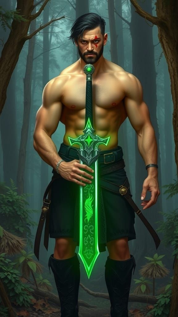 Brawny Man with Magical Sword in Fantasy Forest