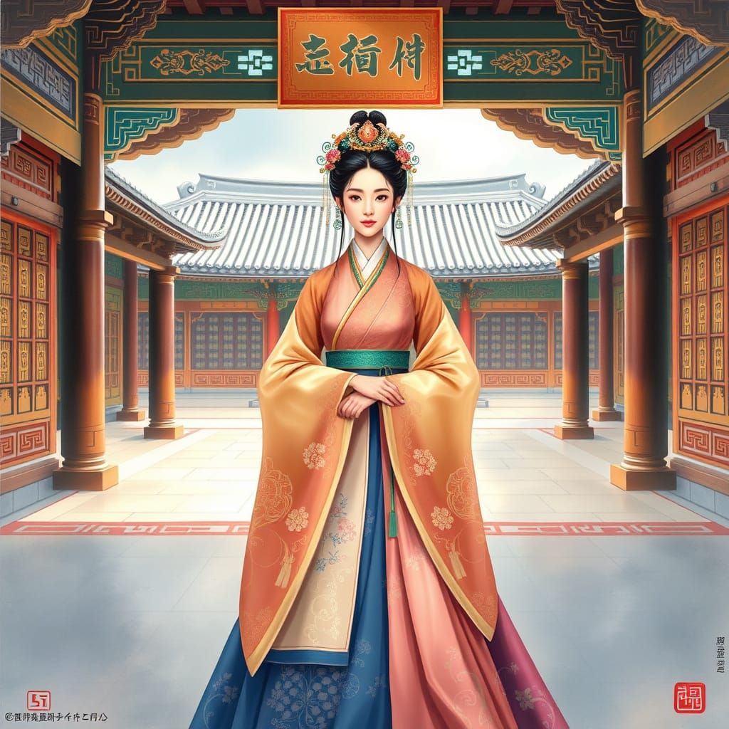Korean Queen in Traditional Hanbok Palace Courtyard