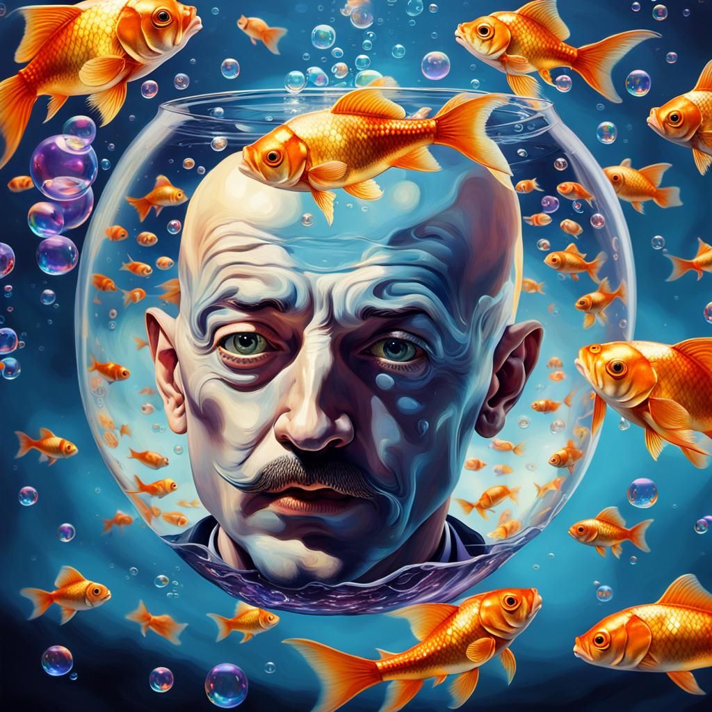 an upside down fishbowl  , a bald mans head inside the fishb...