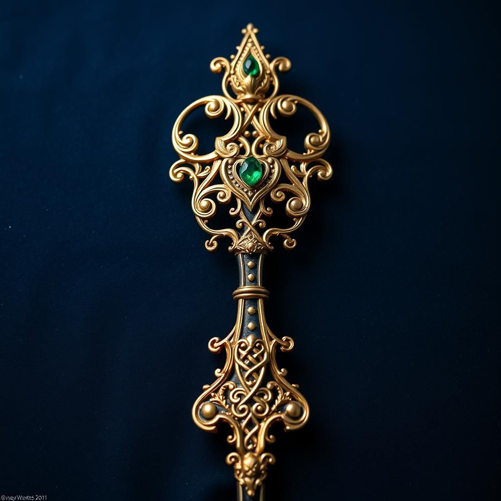 Ornate Celtic Sceptre with Emeralds on Blue Velvet