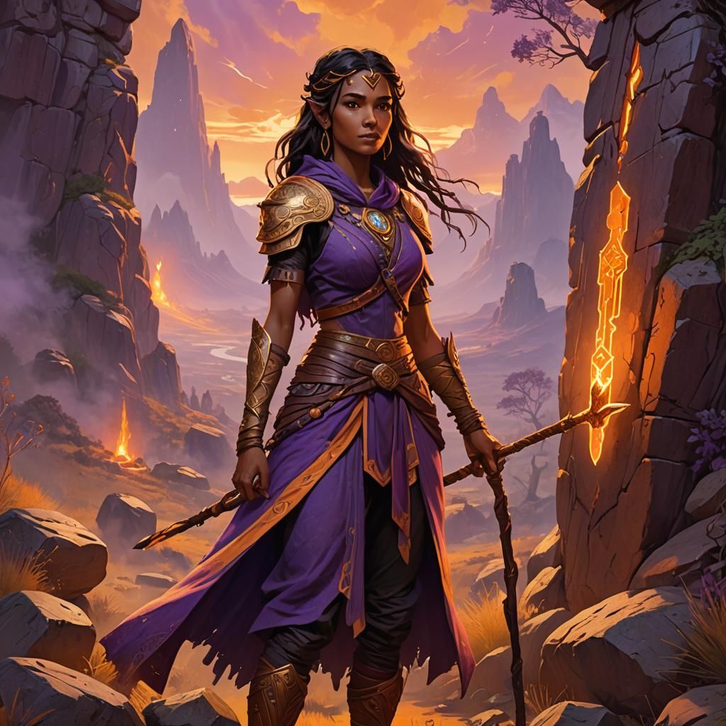 Wild Mage Stares at Glowing Amber, Fantasy Art