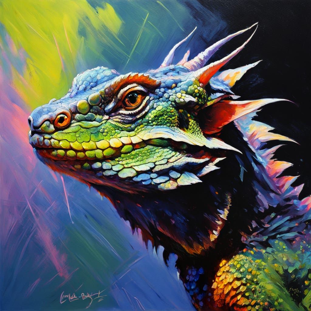 Australian Water Dragon Portrait in Neon Blacklight Style