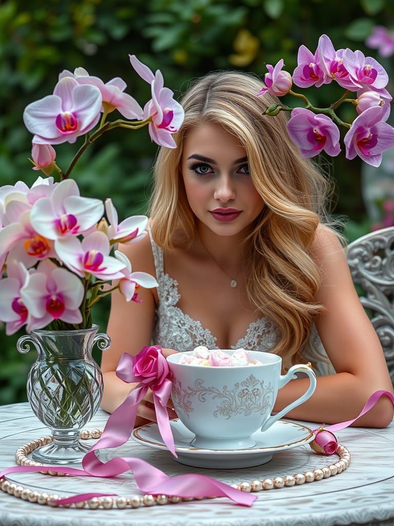 Girlish Elegance in a Whimsical Garden Scene